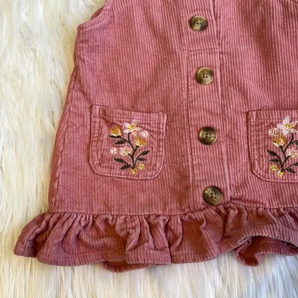 Pink Corduroy Dress Floral Embroidery, Pockets, Ruffles Size 4T - Picture 2 of 8